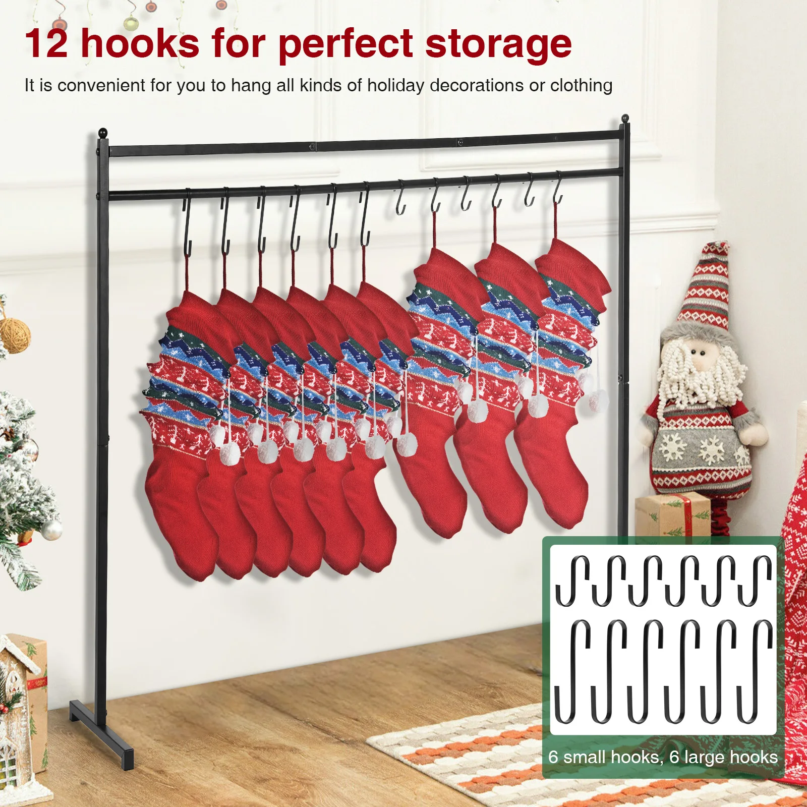 

Christmas Metal Decor Hanger with 12 Stocking Hooks Holiday Stocking Hangers Floor-Standing Display Stand for Home Party Decor