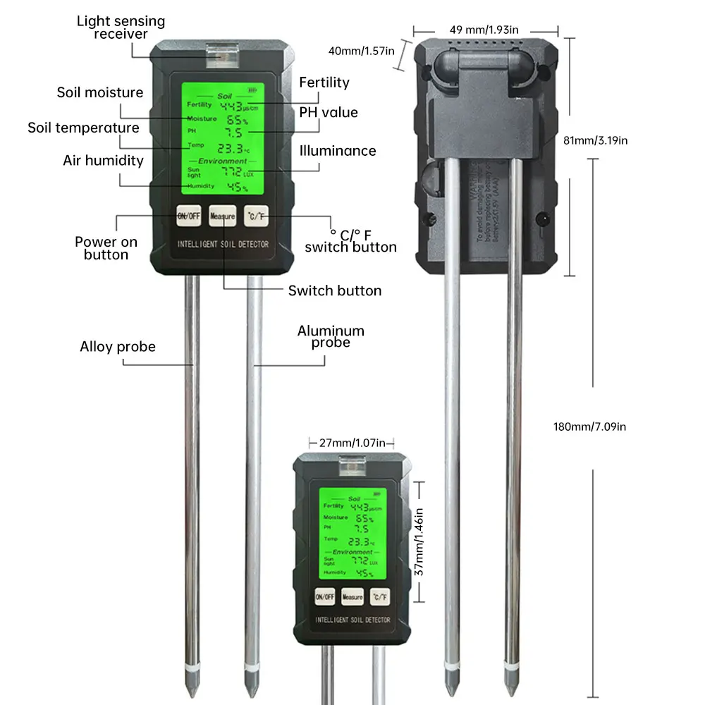 6 in 1 Soil Tester High Accuracy Illuminometer PH and Temperature & Humidity Tester Nutrient Moisture Fertility Meter