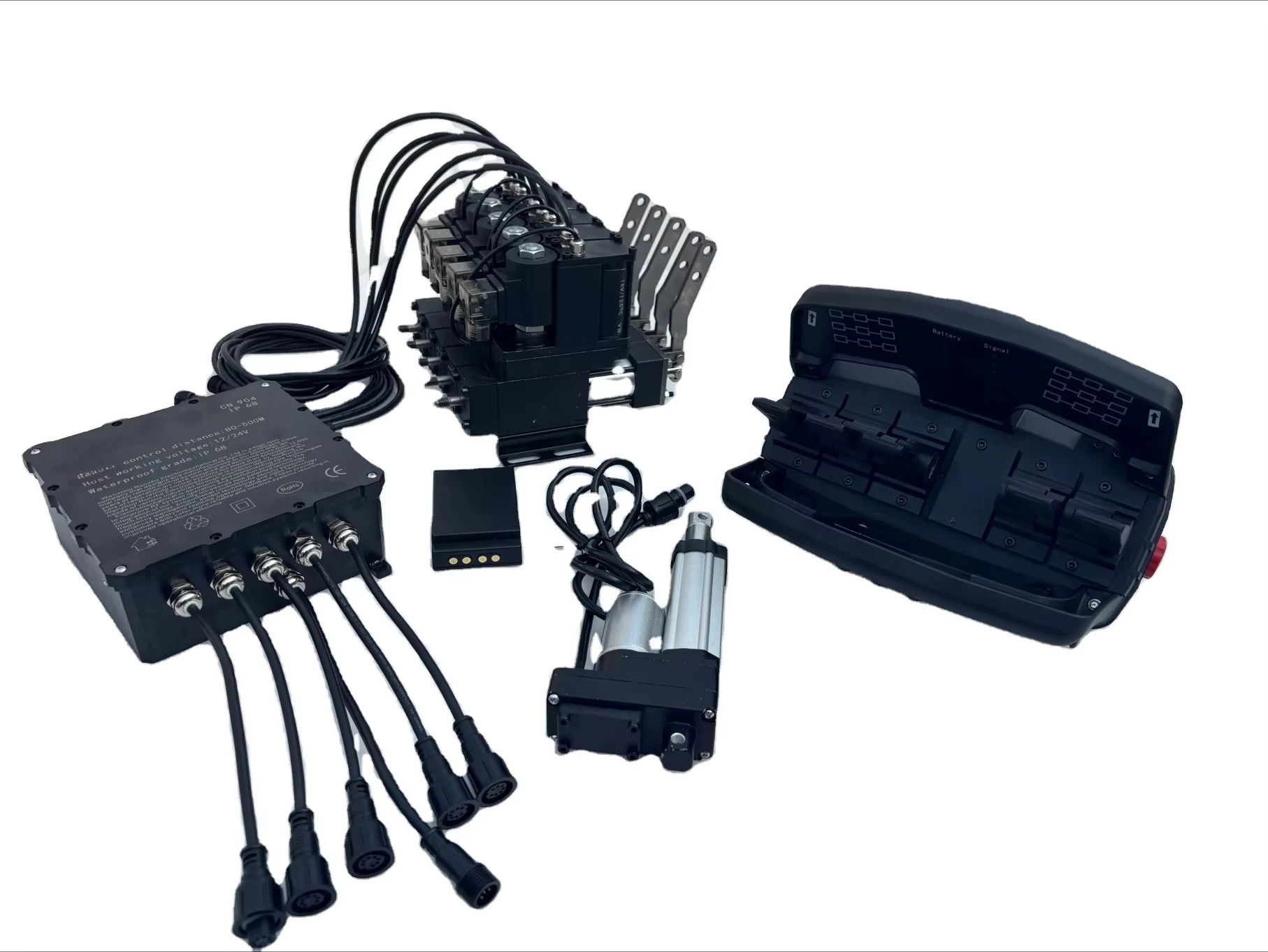5-Channel wireless remote control for solenoid clutches, suitable for automotive cranes and hydraulic valves.