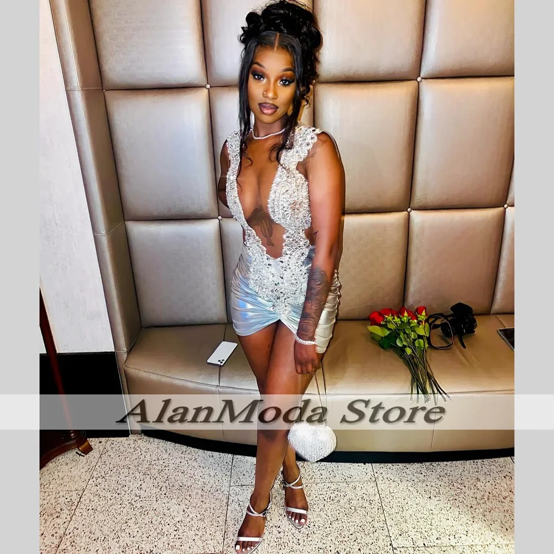 Customized Silver Birthday Dresses For Black Girls Rhinestne Sequin Short Prom Gown 2024 Vestidos De Gala Cocktial Party Outfits