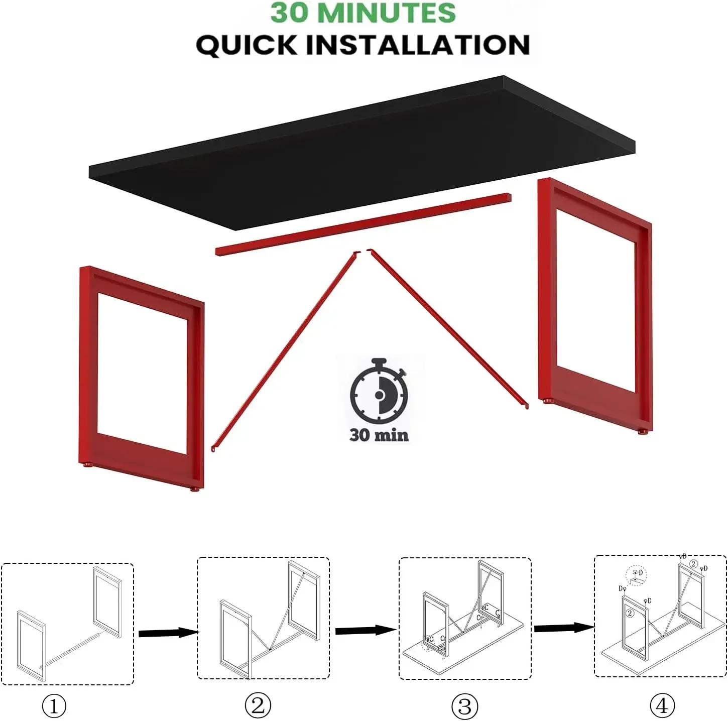 Black Computer Desk, 55” Modern PC Gaming Writing Desk, Wood and Metal Computer Study Work Table with Red Leg,