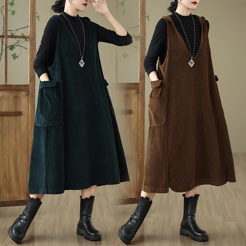 

Ретро однотонный вельветовый жилет с капюшоном Dr, большой размер, женский осенне-зимний повседневный жилет с v-образным вырезом, Svel Dr Fem