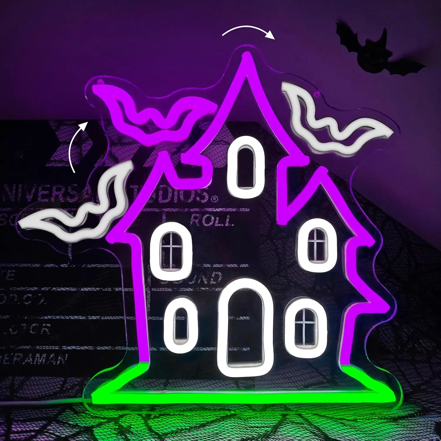 Haunted House with Flying Bat Halloween Neon Sign LED Glowing for Party Home Bedroom Bar Gaming Room Decor USB Neon Light Gift