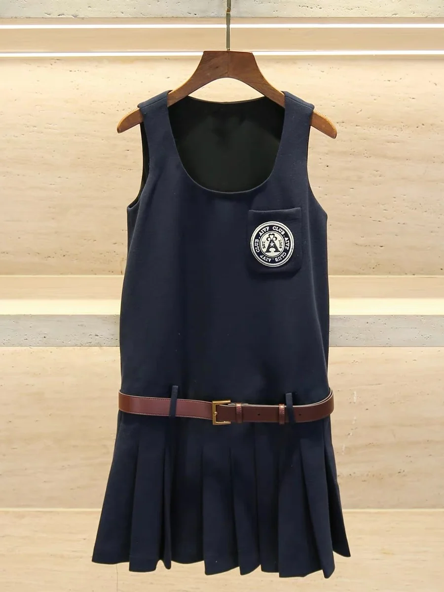 

High-End Women's College Sle Wrap Waist Pleated Svel Vest Dr A-Line Midi Summer U-Ne Single Bule Pure Color