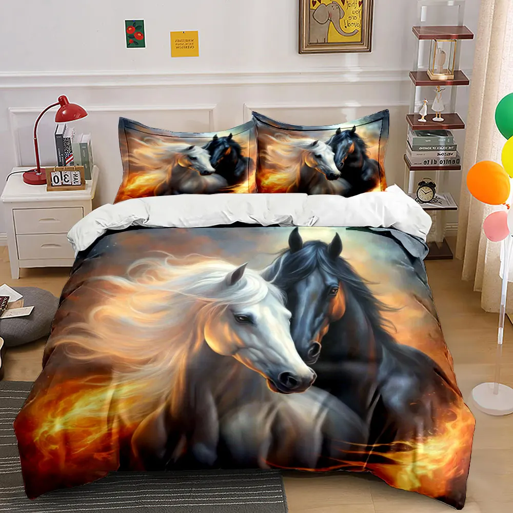 White and black horses with flames Pattern Duvet Cover Set Digital Print Colorful Polyester Bedding with Zipper Closur for gifts