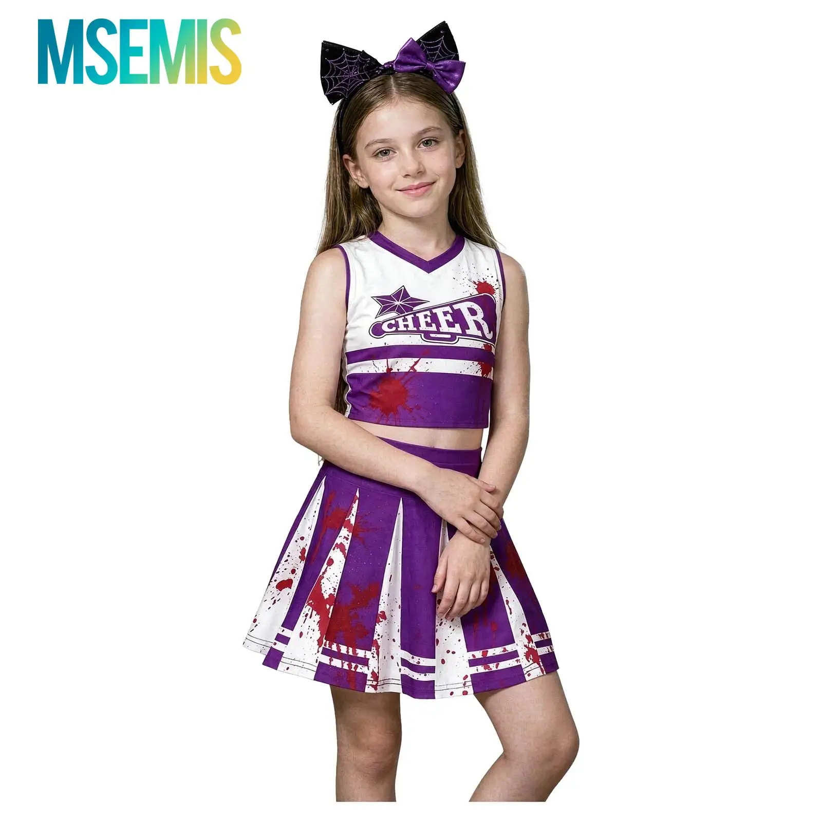 Kids Girls Halloween Cheerleader Cosplay Costume Cheerleading Uniform V-neck Print Crop Top with Pleat Skirt Cheer Dance Outfit