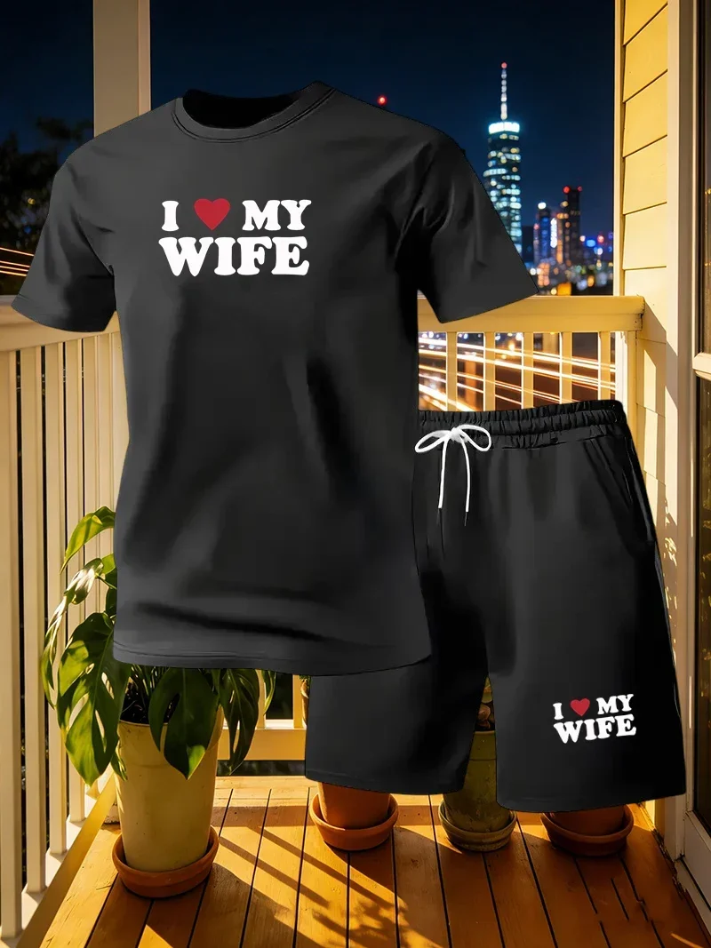 I Love My Wife Men's  Outdoor Sportswear Set Casual Set Street Fashion Short Sleeve T-shirt Shorts Harajuku Retro Men's Wear 3XL