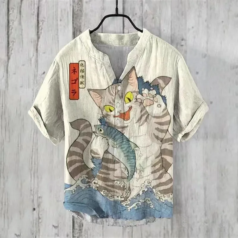 Tiki\'s best-selling European and American men\'s shirts, men\'s summer casual cute cat big wave V-neck 3 button pullover short sle