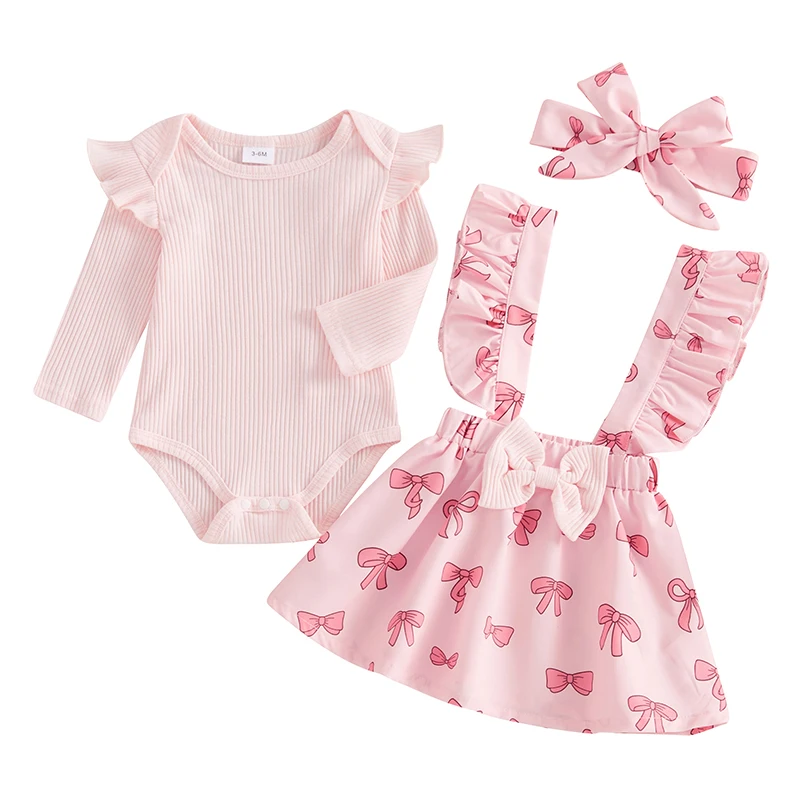 Baby Girls Fall Outfit Long Sleeve Romper and Bow Print Suspender Skirt Cute Headband 3 Piece Clothes