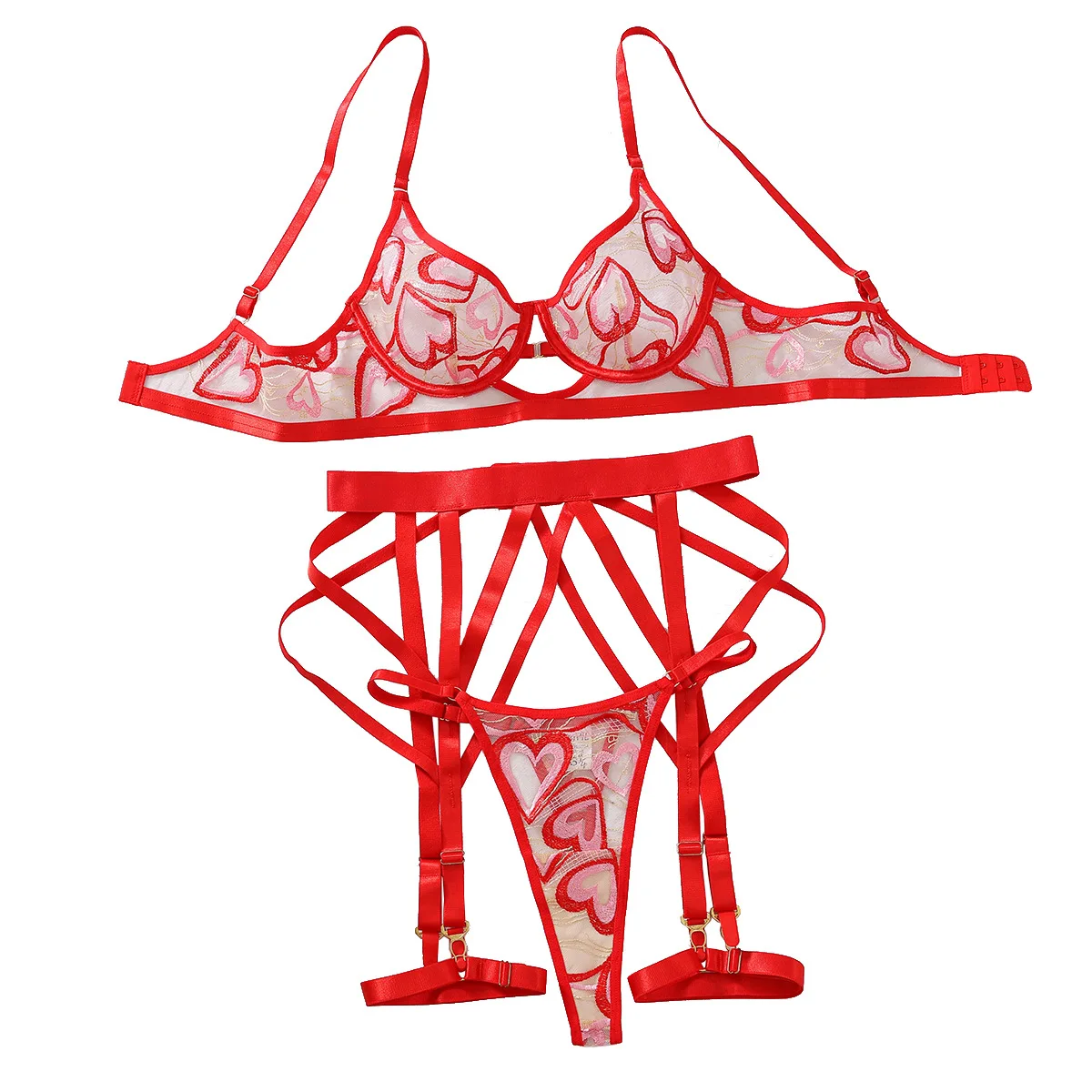 CHUANGERM مجموعة الملابس الداخلية المثيرة 4 قطع حمالة صدر حمراء اللباس الداخلي الرباط الملابس الداخلية 2026 هدية عيد الحب