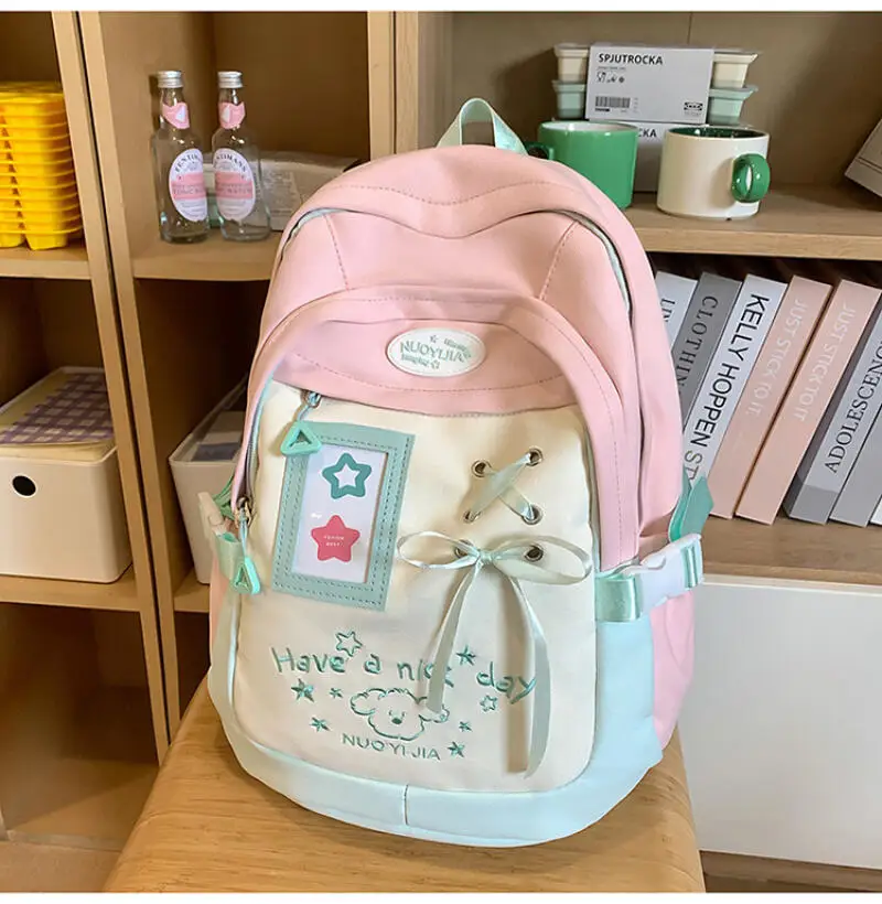 Women's Backpack Japanese Ins New High Beauty Fresh and Sweet Backpack Color Contrast Splicing Lightweight Travel Large Capacity