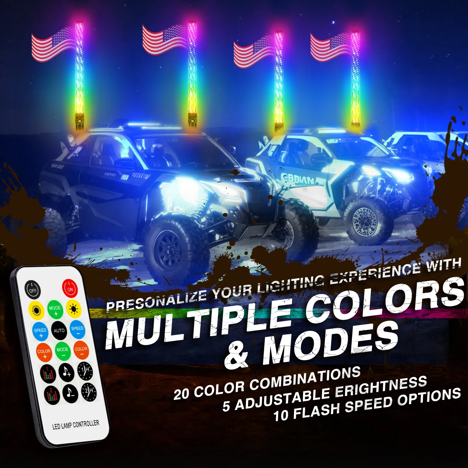 2PCS 2FT Fat Bluetooth Remote Control Colorful Spiral LED Whip Lights Lighted Antenna Whips for ATV Polaris RZR Flagpole Lamp