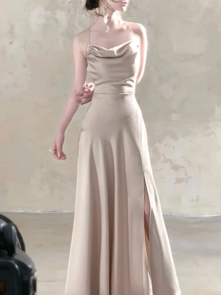 Women's Sexy Party Elegant Pleated Dress 2025 French New Fashion Vacation Evening Solid Satin Split Sleeveless Long Dress Summer