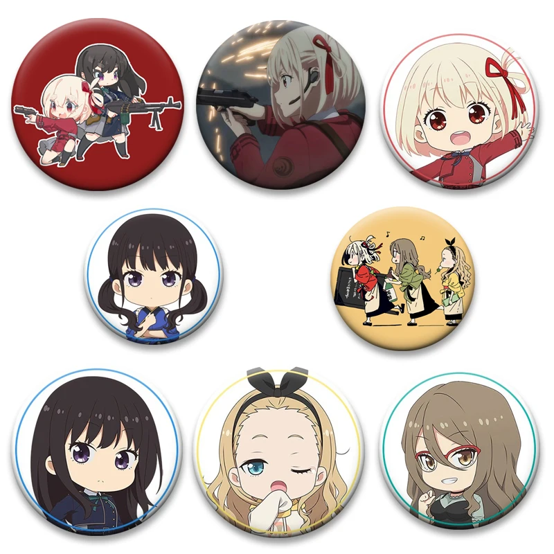 Anime Lycoris Recoil Badge Cute Cartoon Girl Lapel Pins Nishikigi Chisato Inoue Takina Round Brooches for Backpack Accessories