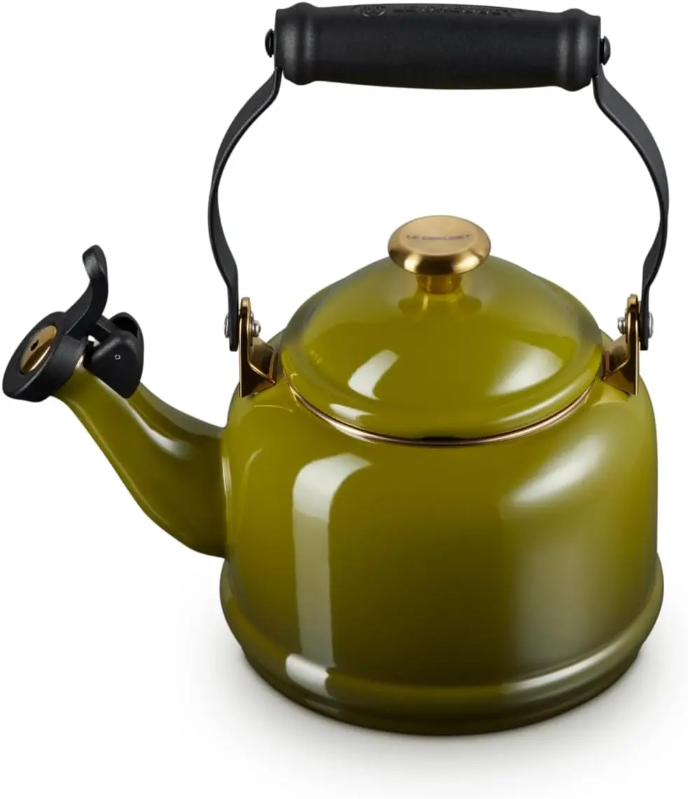 

1.25 qt Olive Tea Kettle with Gold Trim, Enamel Steel Whistling Stovetop Pot