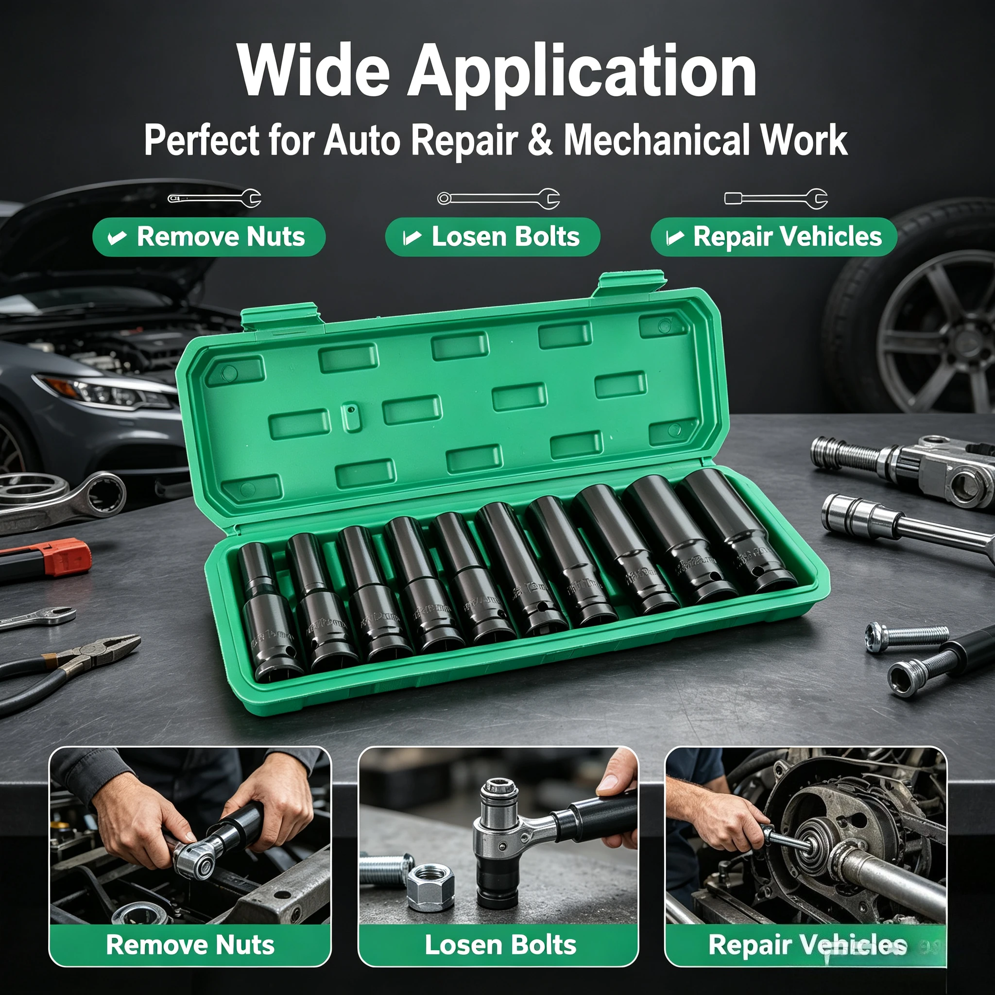 Popular 10pcs 1/2 Drive Metric Impact Socket Set Heavy Duty Universal Deep Socket Wrench for Air Pneumatic Repair Tools