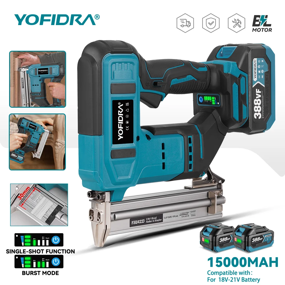 YOFIDRAF 30 г 30 мм бесщеточный электрический пистолет для гвоздей Беспроводной 2в1 гвоздезабивной станок/степлер электроинструмент для забивки гвоздей для батарей Makita 18 В