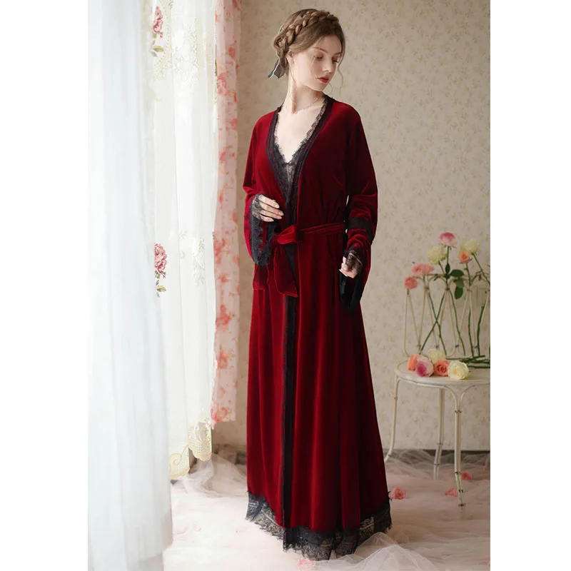 Autumn Winter Velour Robe Sets Women Two Pieces Sexy Lace V Neck Long Night Dress Velvet Sleepwear Vintage Nightgowns Nightwear