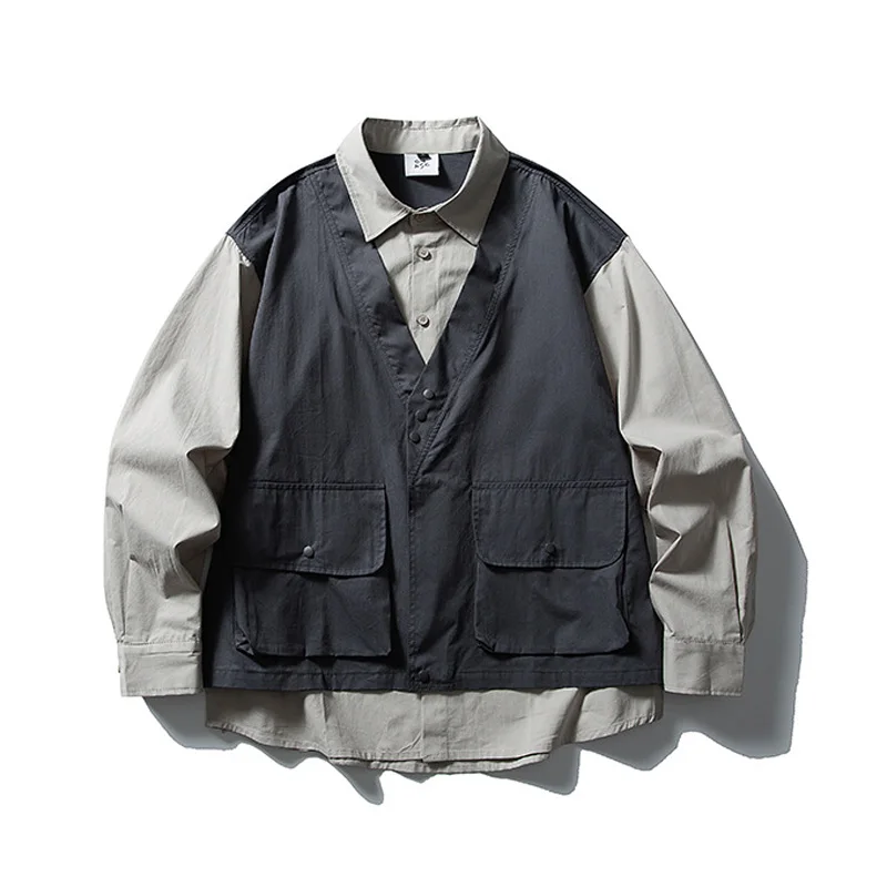 Autumn Splice Fashion Shirt Men Streetwear Cityboy Oversize Loose Casual Long Sleeve Cargo Shirts Couple Blouses