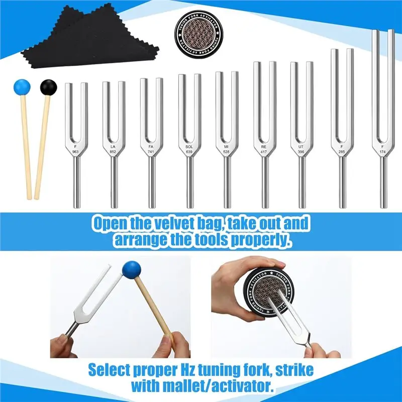 AA67-Tuning Fork Set(9 Chakra Frequencies), 174Hz To 963Hz With Activator,For Yoga& Sleep, For Mental Focus, Relaxation