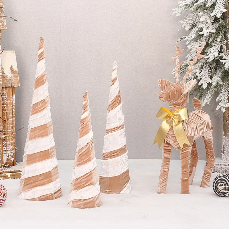 Christmas Decorations Christmas Spire Tree Three-Piece Set Iron Frame Christmas Tree Fabric Wrapped Christmas Deer Ornaments