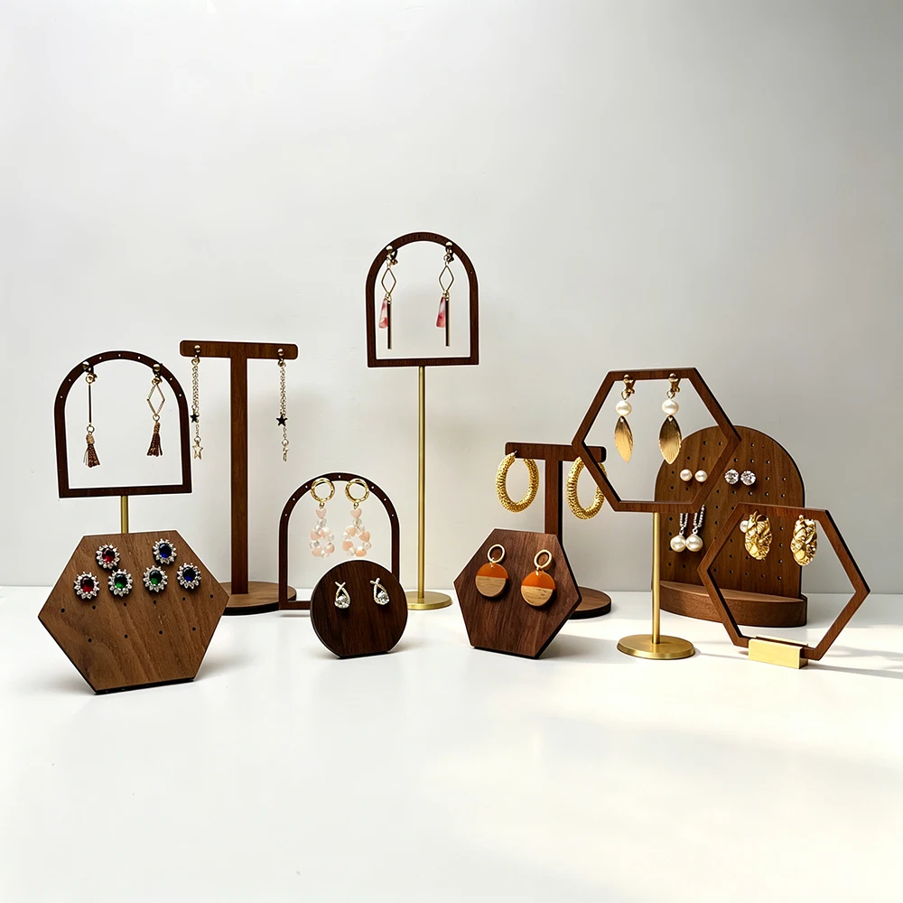 Walnut Wooden Earring Display Stand Set Multi Shapes Ear Stud Dangle Earrings Organizer Jewelry Holder Rack for Retail Shop