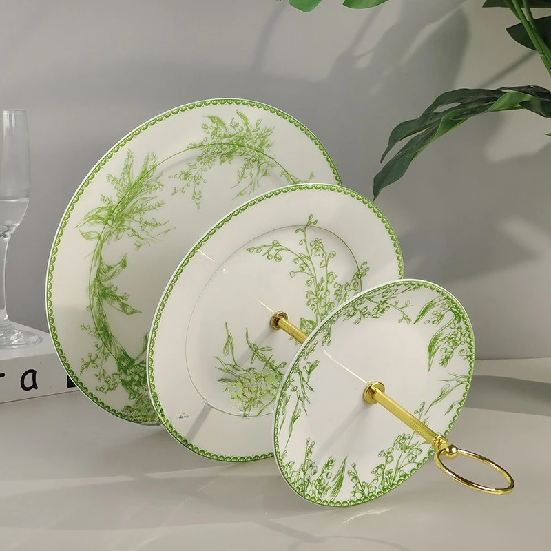 European Lily Of The Valley Bone China Cake Snack String Plate Candy Storage Plate Hotel Table Exquisite Green Gift