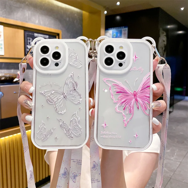 

Cute Cartoon Butterfly Crossbody Phone Case for iPhone 15 14 13 16 Pro Max 12 11 Xs Plus Cat Ear Lanyard Transparent Soft Cover