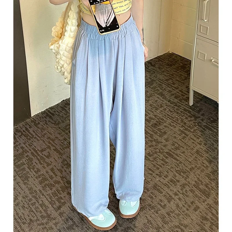 Pantaloni classici da donna a gamba dritta quotidiana Pantaloni larghi da ragazza in seta di ghiaccio solida Pantaloni comodi a vita alta alla moda da donna