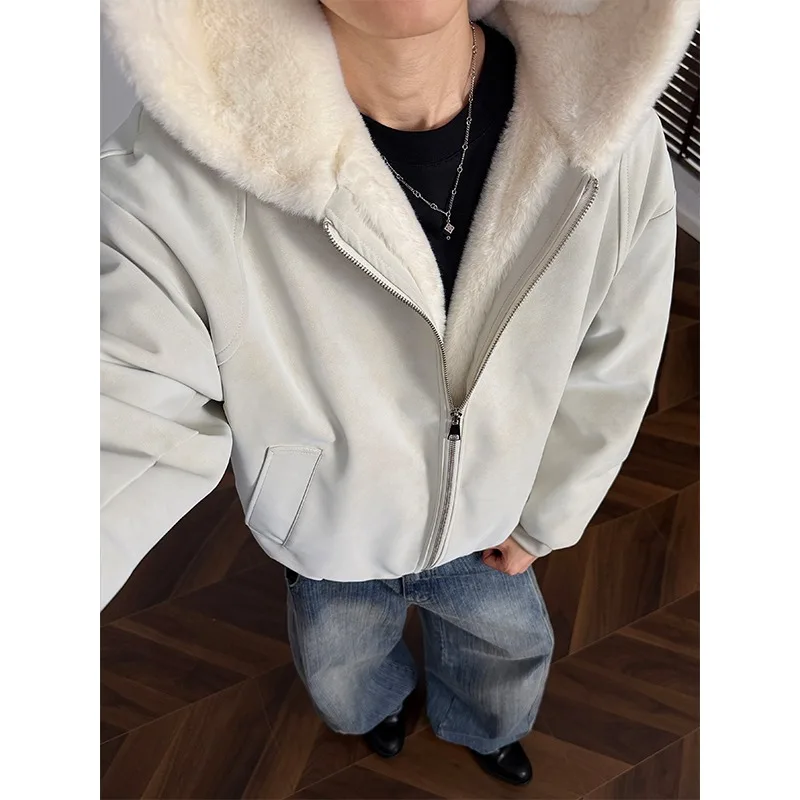 

Men's Cotton Winter Lined Hooded Coat Youth Warm Outerwear Thickened Fur Collar Cotton Coat Simple Solid Color Menswear Tide