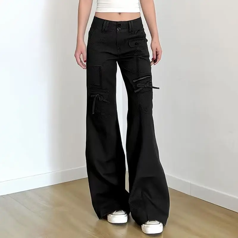 سراويل جينز نسائية سوداء قوطية غير رسمية من قماش الدنيم فضفاضة Y2K Harajuku High Street جمالية عتيقة بأرجل واسعة ملابس خروج