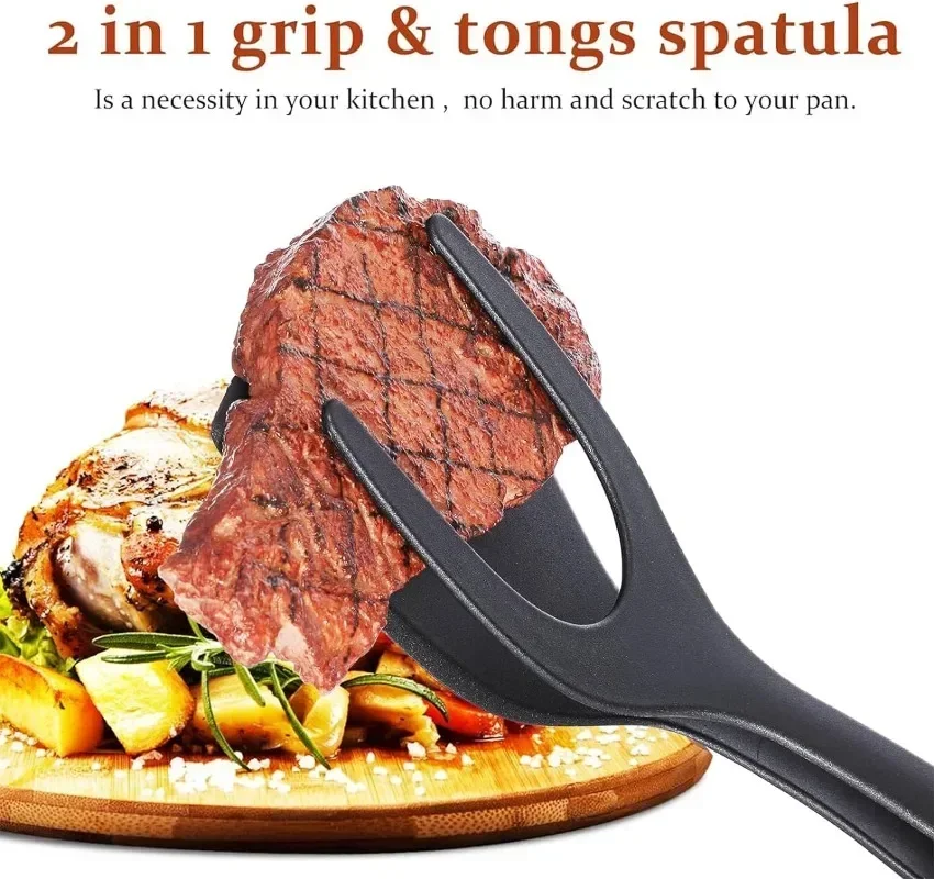 10PCS Multifunctional Steak Frying Spatula Clip 2-in-1 NylonClip Food Clip Frying Spatula Omelette Flip Spatula