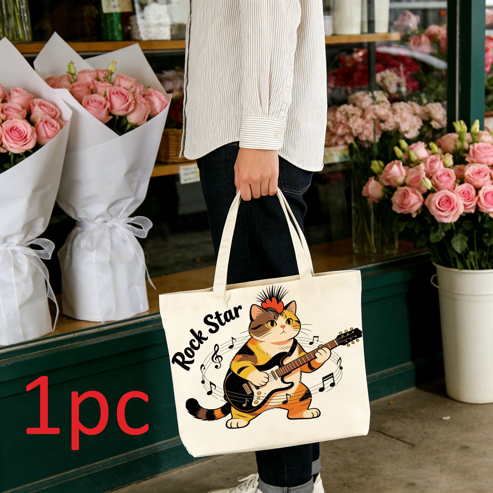 

1Pc music cat printed shoulder bag suitable for travel, cosmetics, holiday storage, and teenagers' shopping tote bag