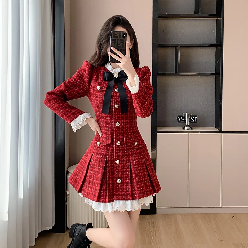 2024 New Years Christmas Light Luxury Tweed Pleated Dress Korean Sweet Long Sleeve Vestido Femininos French Vintage Dresses