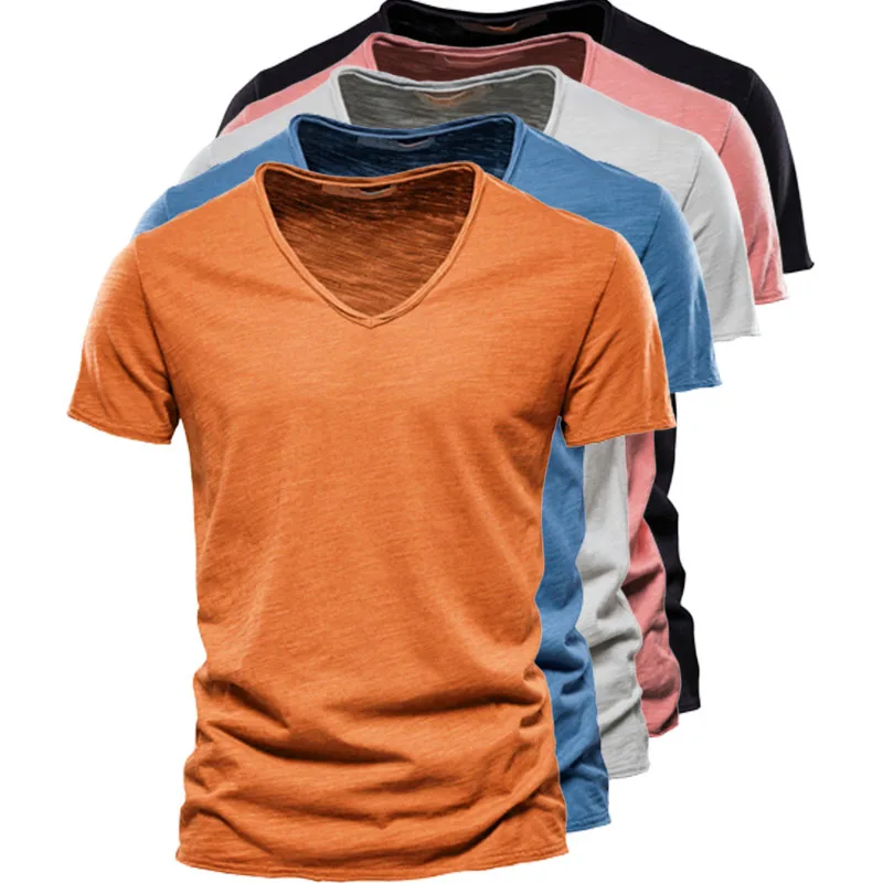 T-shirt 100% coton à manches courtes et col en V pour homme, vêtement de sport, fitness, course à pied, slim fit, solide, été