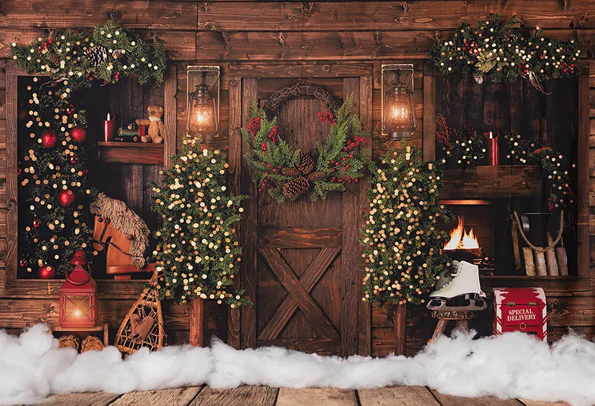 Mehofond Christmas Rustic Wood Door Backdrop for Photography Vintage Xmas Tree Glitter Children Holiday Background Photo Studio