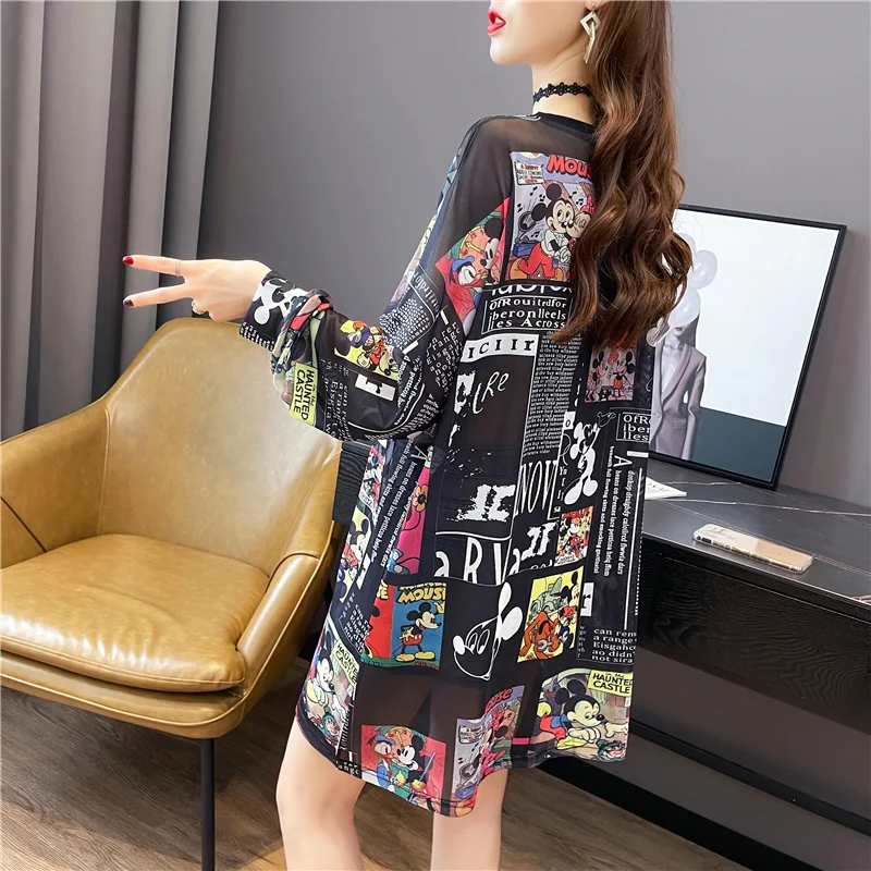 Mickey cartoon printing Black White Mesh Oversized T Shirt Women Summer Transparent  Silk T-shirts for Lady Sun Protection