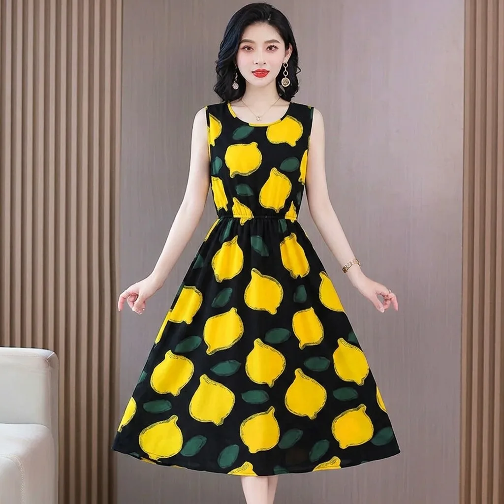 

Elegant Sleeveless Lemon Print Dress Women's Waist-Cinching Slimming Mommy Style Midi Dress Polyester Fiber Casual round Neck