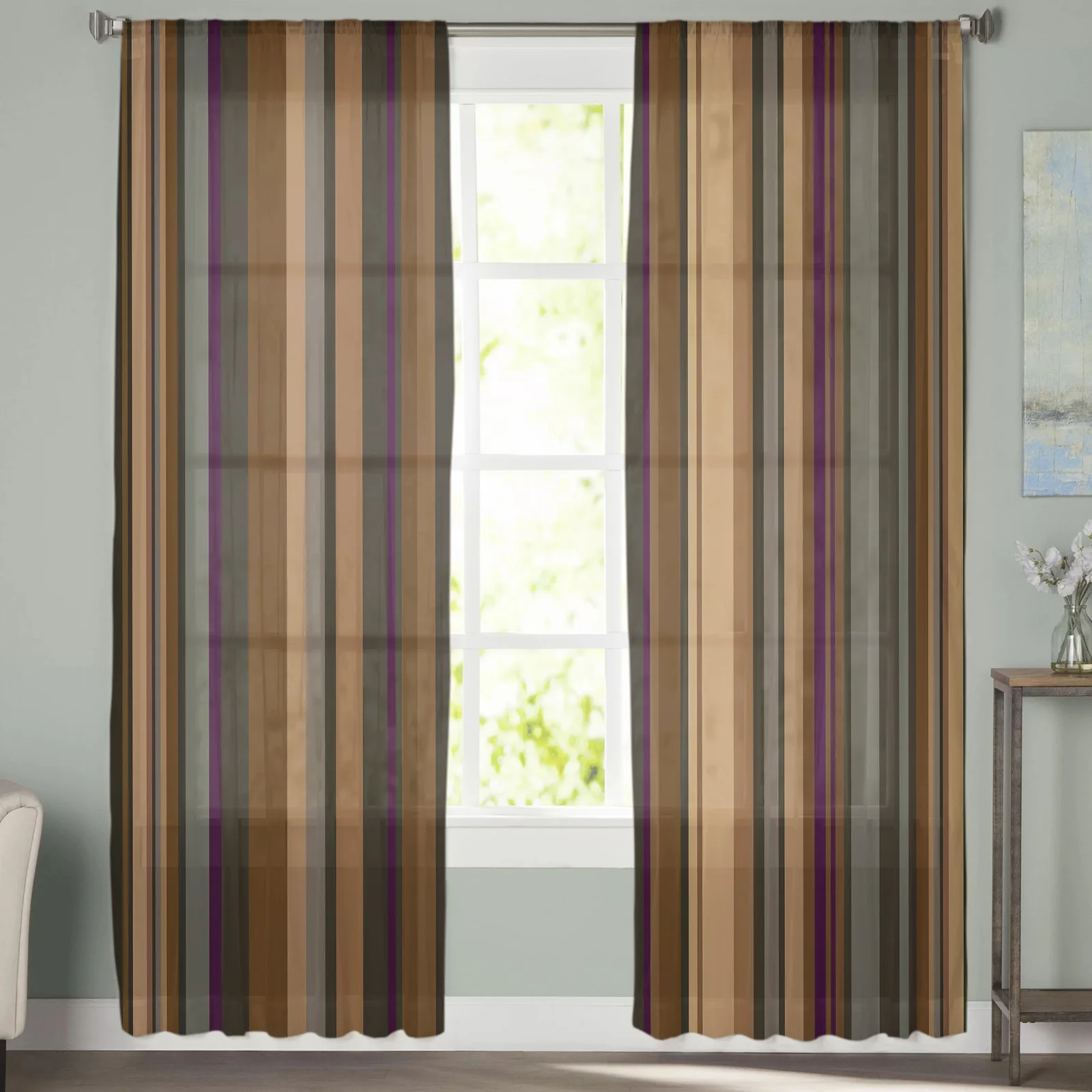 Nordic Beige Stripe Lines Sheer Curtain for Living Room Bedroom Voile Drape Kitchen Window Tulle Curtains Home Essentials