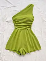 Women One Shoulder Ruched Romper Textured Sleeveless Jumpsuit Wide Leg Shorts Playsuit Casual Summer Beach Vacation Outfits - Image 4
