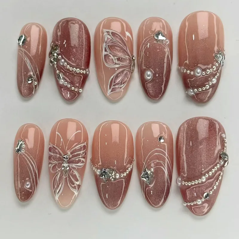 

24PCS Sweet Almond Fake Nails Full Cover Butterfly Shiny Cat Eye Pearl Decoration Wearable Nails with Tools