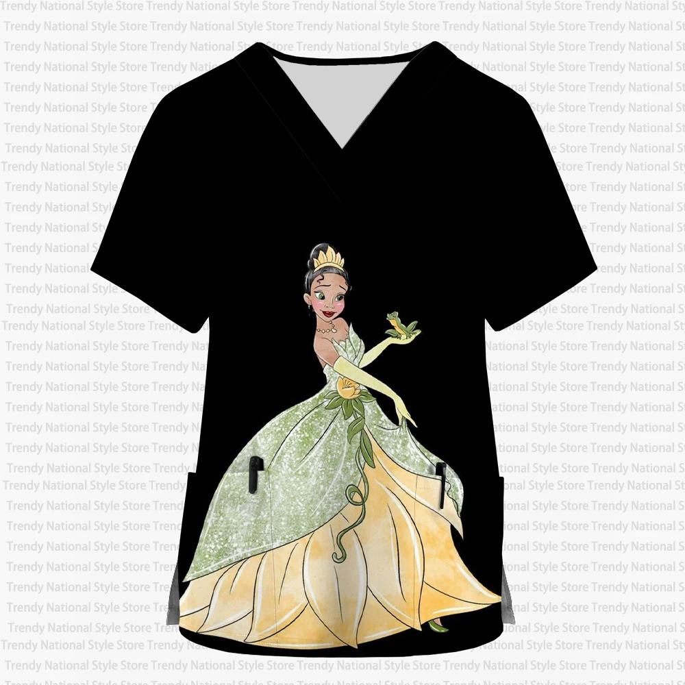 Damen 2026 Neues Disney Princess Tiana Cartoon Print V-Ausschnitt Tasche Frosted Top Medizinische Krankenschwester Arbeitsuniform Schönheitssalon T-Shirt