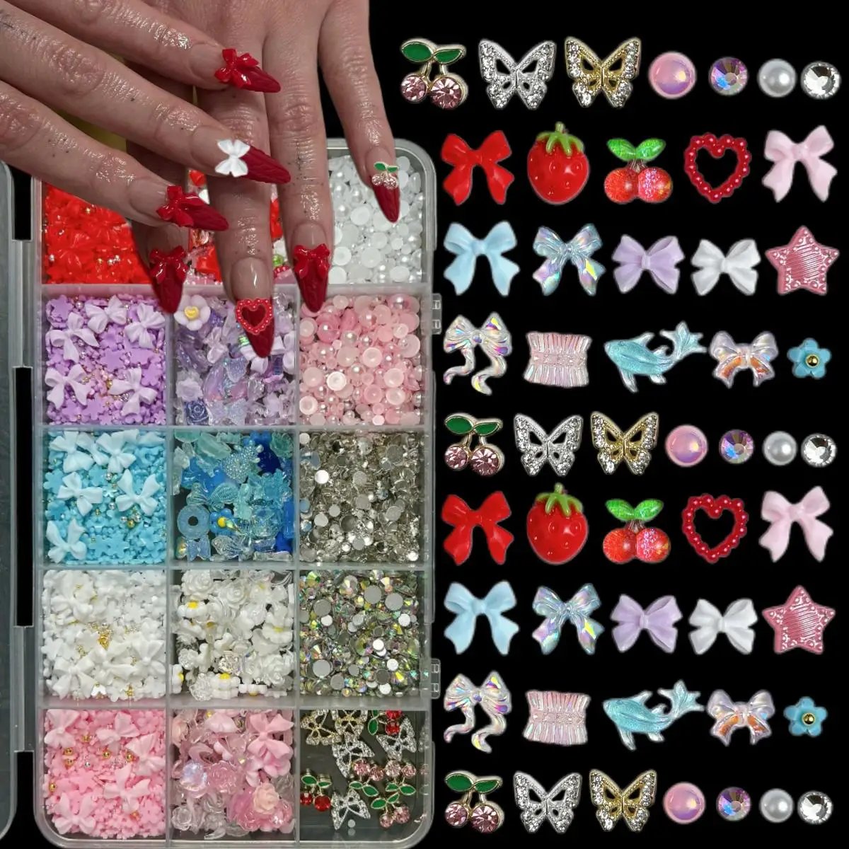 

1Box Random Mixed Resin Bow Flower Strawberry Nail Art Decorations Exquisite Alloy Butterfly Cherry Nail Charms DIY Manicure Set