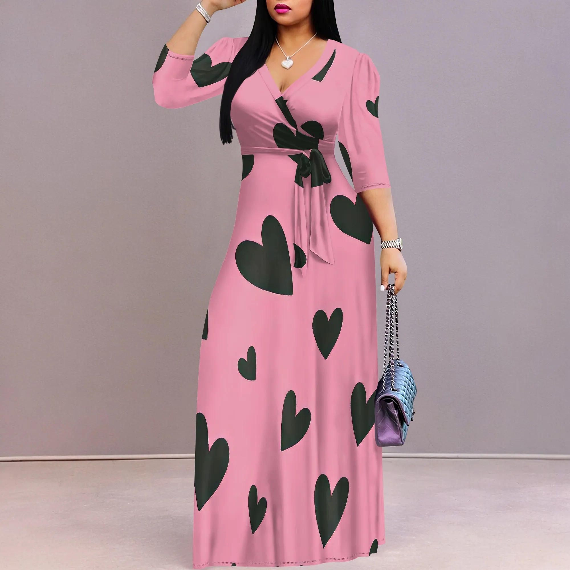 Plus Size Dresses for Curvy Women Casual Long Maxi Cocktail Party Dress V Neck 3/4 Sleeve with Belt Sundress Empire Waist