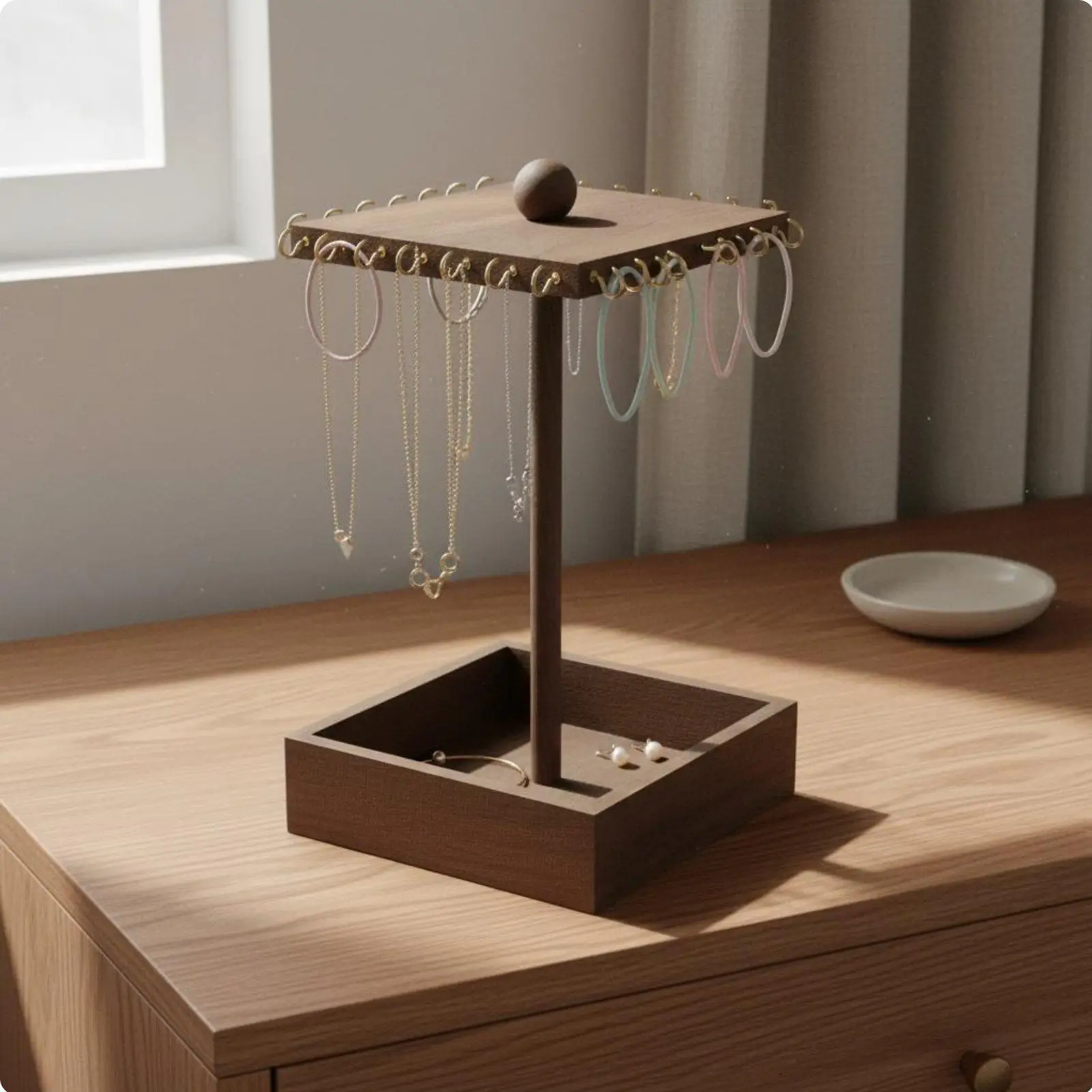 Rotating Necklace Rack Multi Hook Jewelry Organizer Stand with Storage Base for Earrings and Keychains