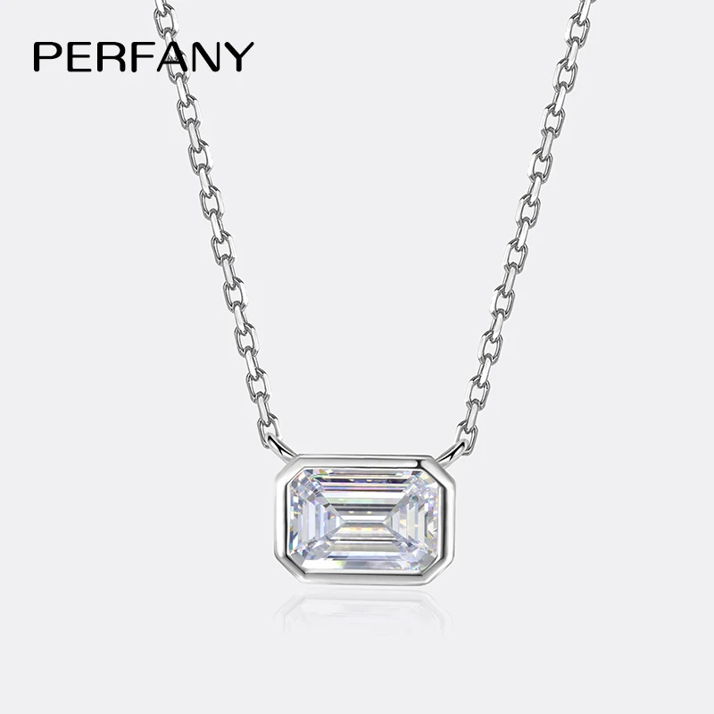 PERFANY 1CT Moissanite Necklace for Women S925 Pure Silver Emerald Cut Laboratory Diamond Pendant Fashion Party High-end Jewelry