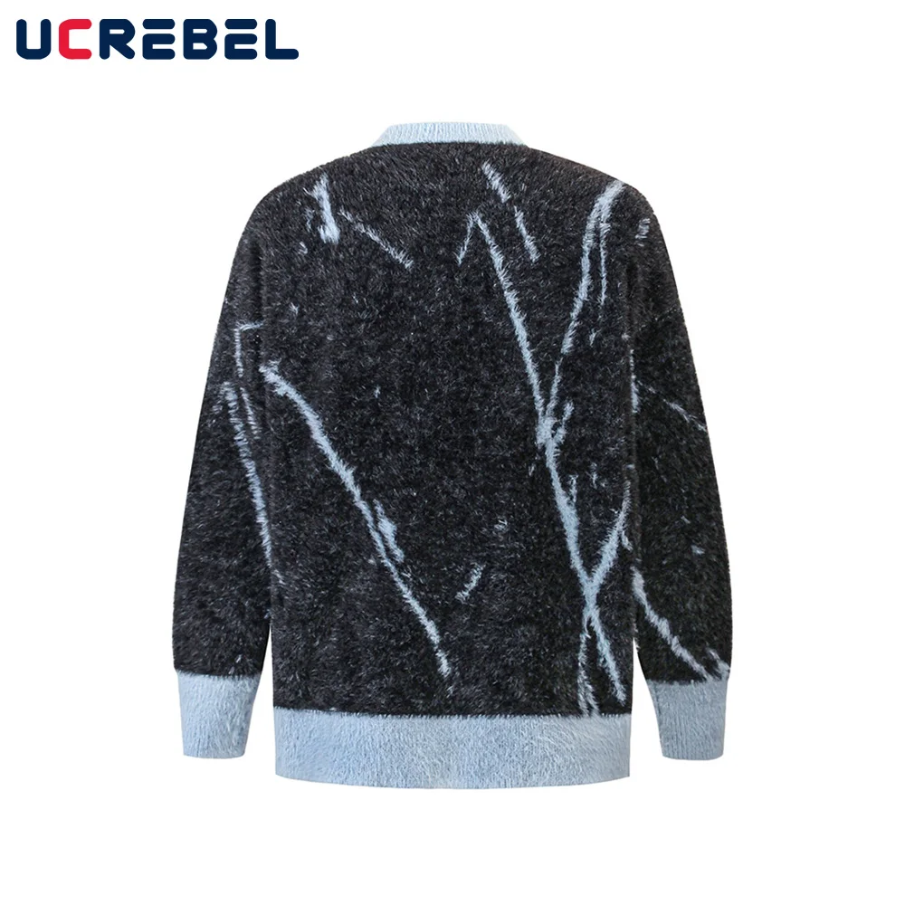 Color Block Jacquard Sweater Mens High Street Autumn Winter Loose Knitted Crew Neck Long Sleeve Pullover Men