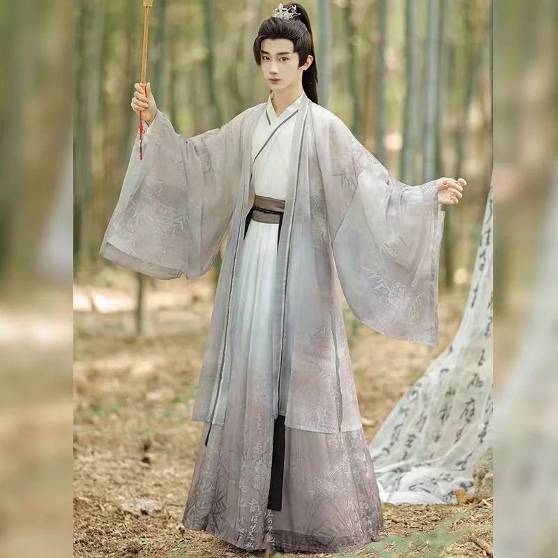 2024 New Men's Printing Hanfu Weijin Period Ancient Students Costume Traditional Chinese Ethereal Scholar Cosplay Clothing Set