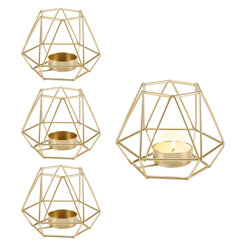 

4 Pcs Metal Geometric Design Tea Light Votive Candle Holders, Hollow Tealight Candle Holders For Wedding Home Decoration