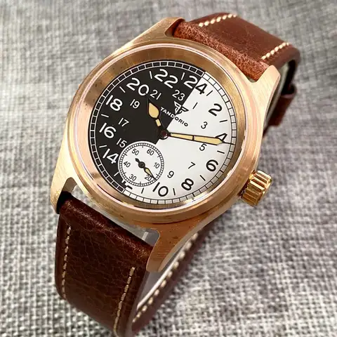 Tandorio Pilot Bronze 36mm Diving Mechanical Retro Watch Black White Dial ST1701 Automatic Movement Field Wristwatch for Men